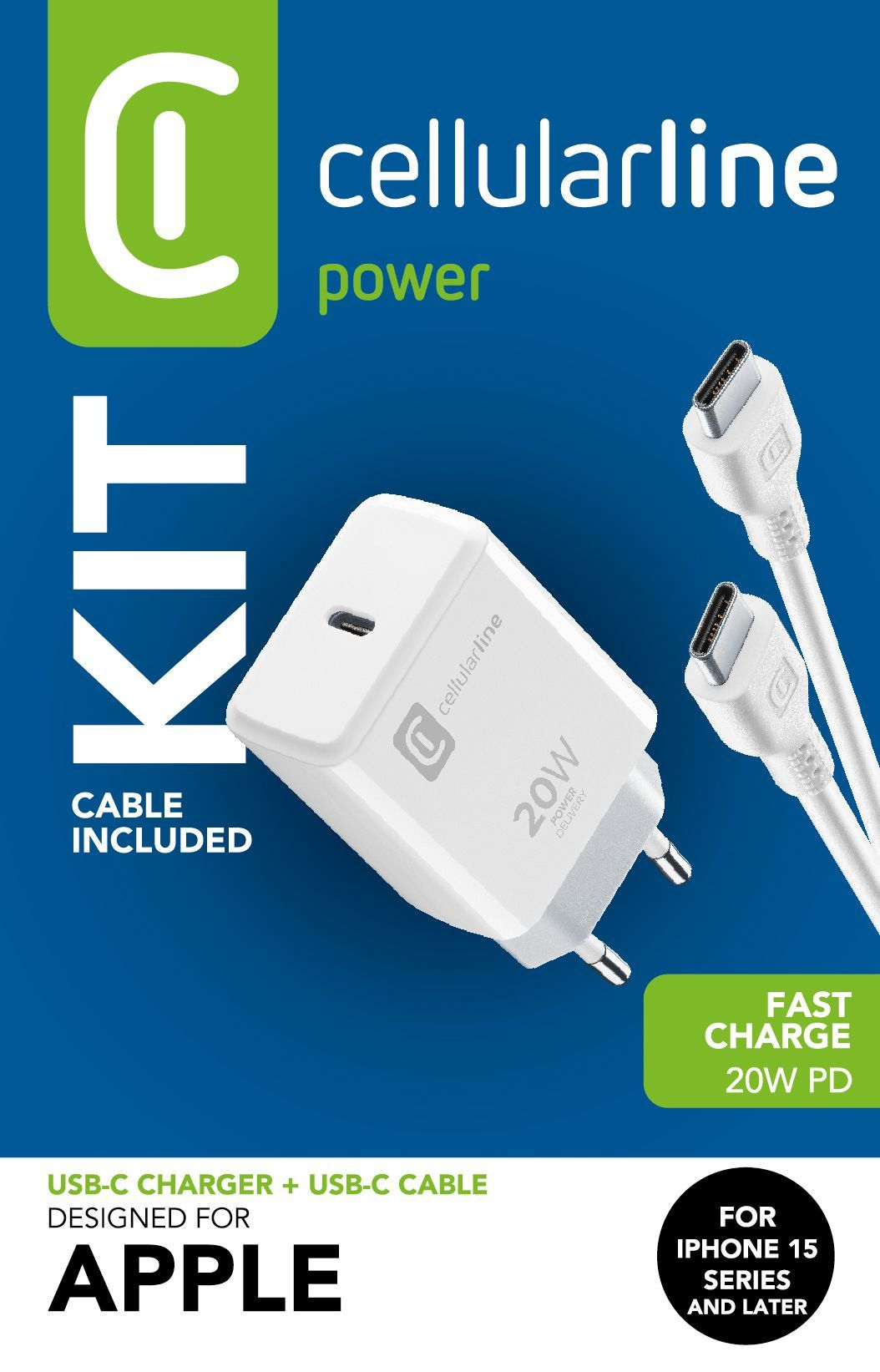 Cellularline Charger Kit 20W - For iPhone 15 Series Charger Kit 20W For iPhone 15 Series formato da un caricabatteria USB-C 20W + un cavo USB-C
