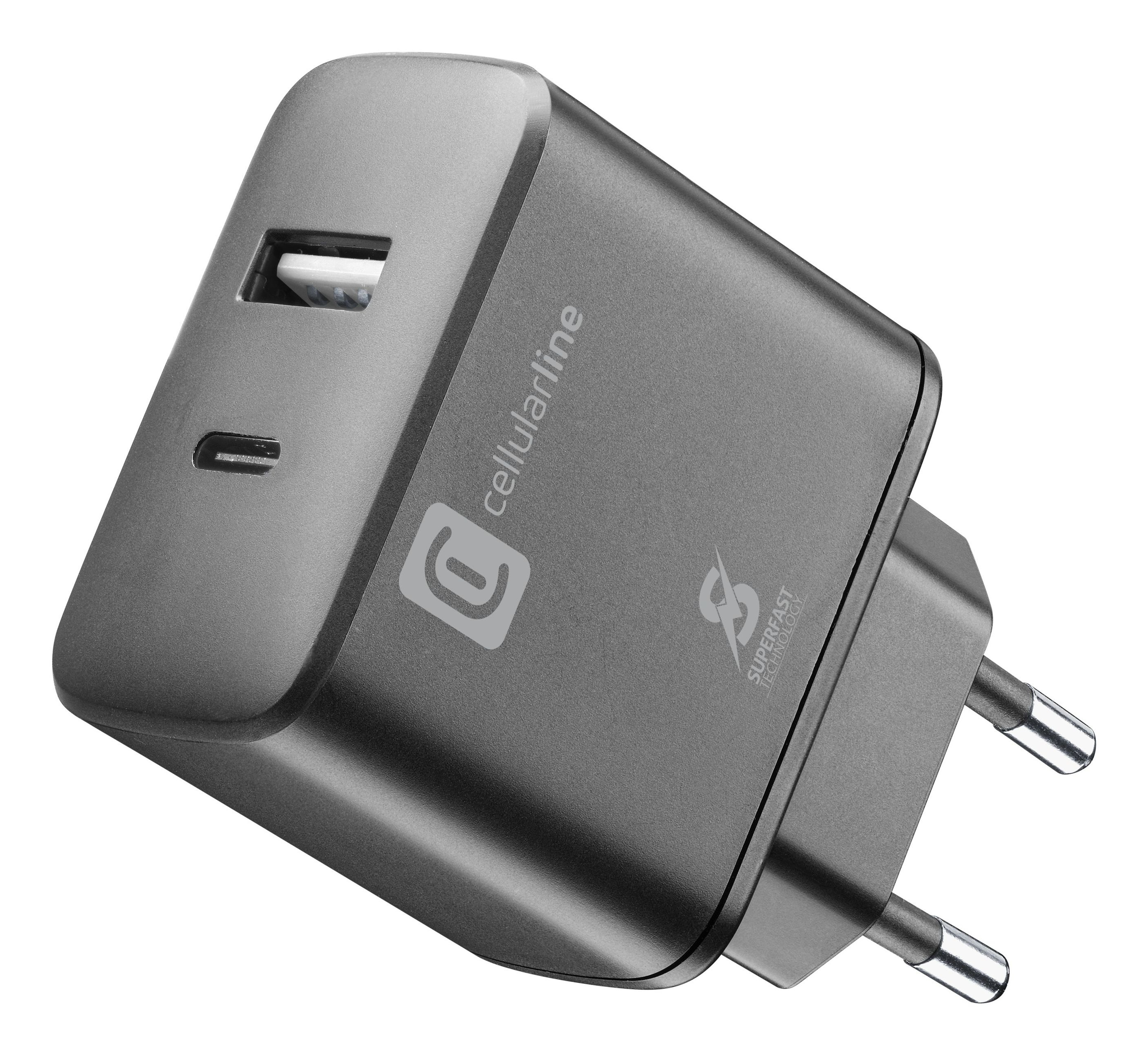 Cellularline Dual Super Fast Charger 25W - Samsung Caricabatterie da rete 2 porte USB e USB-C con tecnologia Super Fast Charging 25W