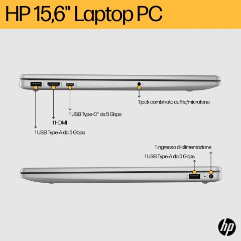 HP 15-fc0061nl AMD Ryzen™ 5 7520U Computer portatile 39,6 cm (15.6") Full HD 16 GB LPDDR5-SDRAM 512 GB SSD Wi-Fi 6 (802.11ax) Windows 11 Home Argento