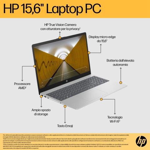 HP 15-fc0061nl AMD Ryzen™ 5 7520U Computer portatile 39,6 cm (15.6") Full HD 16 GB LPDDR5-SDRAM 512 GB SSD Wi-Fi 6 (802.11ax) Windows 11 Home Argento