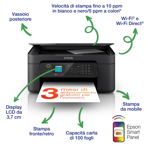 Epson WorkForce WF-2910DWF stampante multifunzione A4 getto d'inchiostro (stampa, scansione, copia) Display LCD 3.7cm, WiFi Direct, AirPrint, 3 mesi inchiostro incluso con ReadyPrint