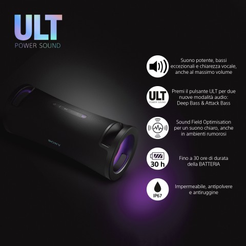 Sony ULT FIELD 7 - Speaker portatile wireless Bluetooth con ULT POWER SOUND, Ultimate Deep BASS, X Balanced Speaker, batteria da 30 ore, IP67, impermeabile, illuminazione a LED, microfono, ingresso per chitarra - Nero