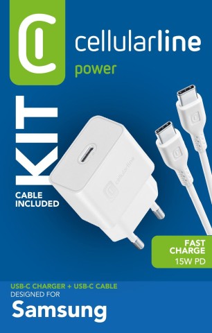 Cellularline USB-C Charger Kit 15W USB-C Charger Kit 15W carica velocemente e in tutta sicurezza i device Samsung con porta USB-C compatibili con la carica 15W.