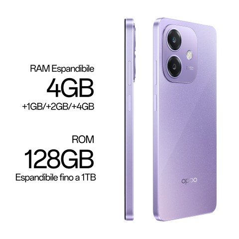 OPPO A40 Smartphone, Fotocamera AI 50MP, Selfie 5MP, Display 6.67” 90HZ LCD HD+, 5100mAh, RAM 4 Esp 8GB (+4GB Virtuali) +ROM 128GB, IP54, [Versione Italia], Starry Purple