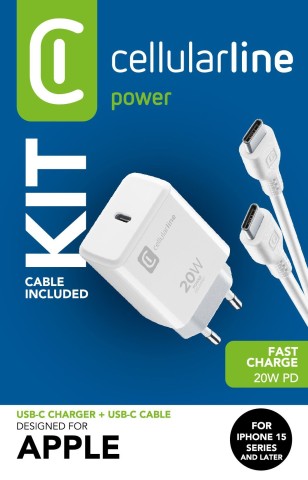 Cellularline Charger Kit 20W - For iPhone 15 Series Charger Kit 20W For iPhone 15 Series formato da un caricabatteria USB-C 20W + un cavo USB-C