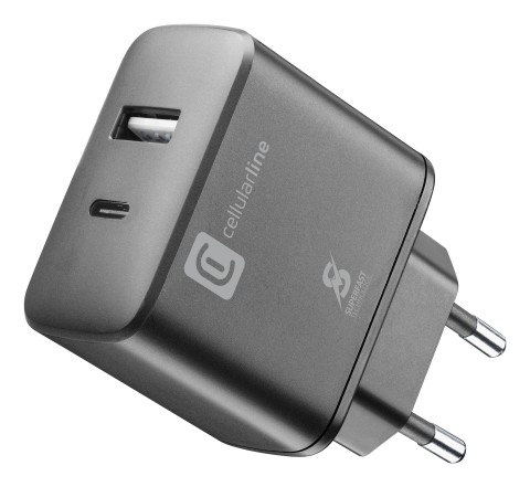 Cellularline Dual Super Fast Charger 25W - Samsung Caricabatterie da rete 2 porte USB e USB-C con tecnologia Super Fast Charging 25W