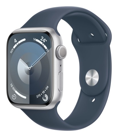 Apple Watch Series 9 GPS Cassa 45mm in Alluminio Argento con Cinturino Sport Blu Tempesta - M/L