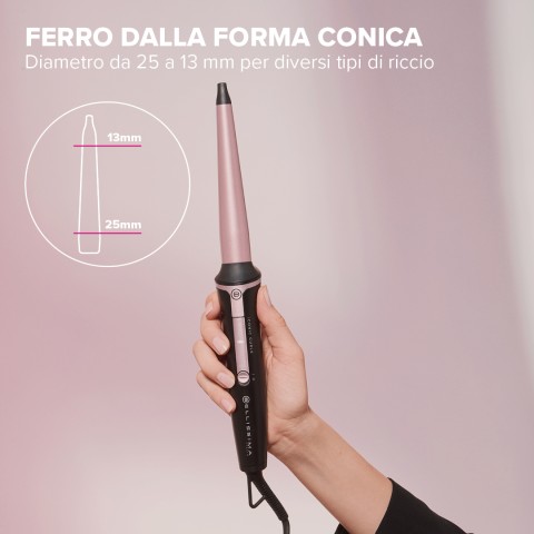 Bellissima Imetec Iconic Curls, ferro arricciacapelli, rivestimento in ceramica, forma conica per ricci stretti e morbidi, temperatura 150°C/210°C, cono 13/25 mm, guanto termico, adatto a tutti i capelli