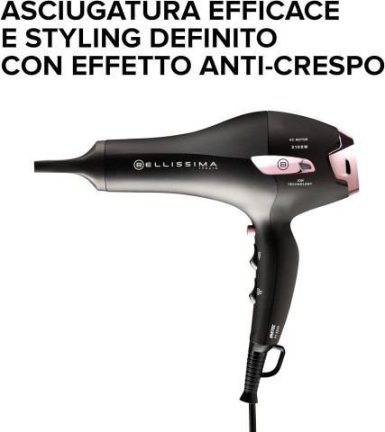 Bellissima P7 3200 Asciugacapelli, Motore Professionale, 2100 Watt, Ionizzatore, 2 Velocità, 3 Temperature, Diffusore per Ricci, Colpo Aria Fredda, Leggero, Custodia da Viaggio, Fermacavo