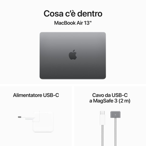 Apple MacBook Air 13": Chip M3 con CPU 8-core e GPU 8‑core, 256GB SSD - Grigio siderale
