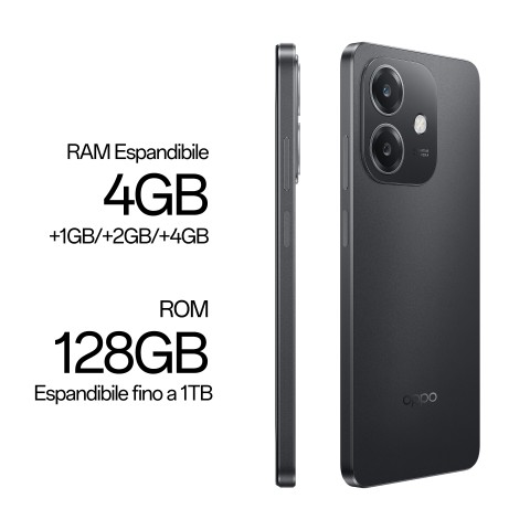 OPPO A40 Smartphone, Fotocamera AI 50MP, Selfie 5MP, Display 6.67” 90HZ LCD HD+, 5100mAh, RAM 4 Esp 8GB (+4GB Virtuali) +ROM 128GB, IP54, [Versione Italia], Sparkle Black