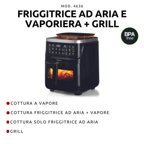 Ariete 4636 Friggitrice ad aria con funzione vapore+ Grill, 1700W, Funzione essiccazione, 10 funzioni di cottura, Cestello trasparente, Timer, Luce interna, Nero