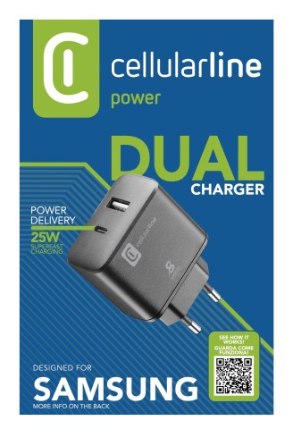 Cellularline Dual Super Fast Charger 25W - Samsung Caricabatterie da rete 2 porte USB e USB-C con tecnologia Super Fast Charging 25W