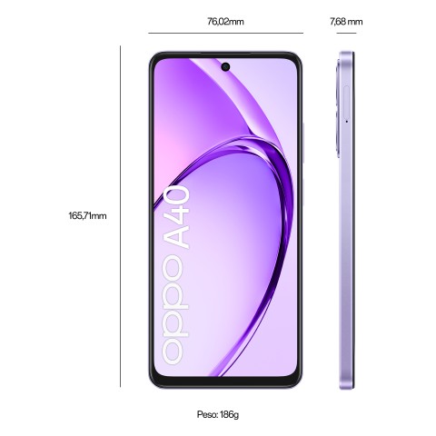 OPPO A40 Smartphone, Fotocamera AI 50MP, Selfie 5MP, Display 6.67” 90HZ LCD HD+, 5100mAh, RAM 4 Esp 8GB (+4GB Virtuali) +ROM 128GB, IP54, [Versione Italia], Starry Purple