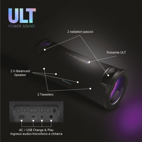 Sony ULT FIELD 7 - Speaker portatile wireless Bluetooth con ULT POWER SOUND, Ultimate Deep BASS, X Balanced Speaker, batteria da 30 ore, IP67, impermeabile, illuminazione a LED, microfono, ingresso per chitarra - Nero