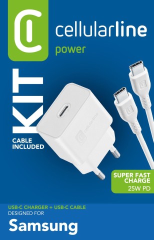 Cellularline Super Fast Charger Kit 25W - USB-C to USB-C - Samsung Caricabatterie da rete Super Fast Charge PD 25W con cavo USB-C to USB-C