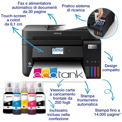 Epson EcoTank ET-4800 stampante multifunzione inkjet 4-in-1 A4, serbatoi ricaricabili alta capacità, 4 flaconi inclusi pari a 7500pag B/N 4500pag colore, Wi-FI Direct, USB