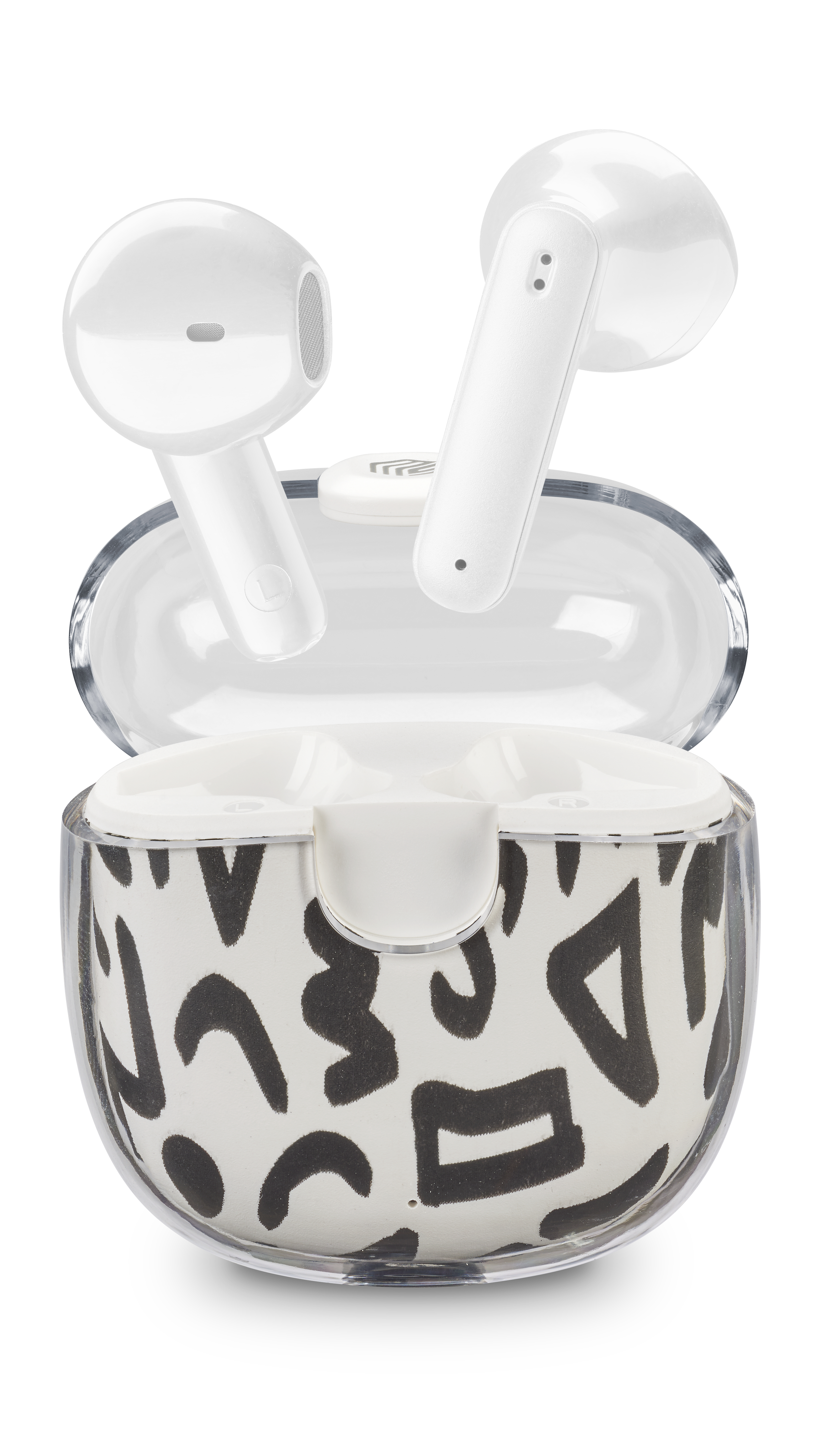 Music Sound Drip Auricolari Bluetooth a capsula con custodia trasparente e fantasie originali