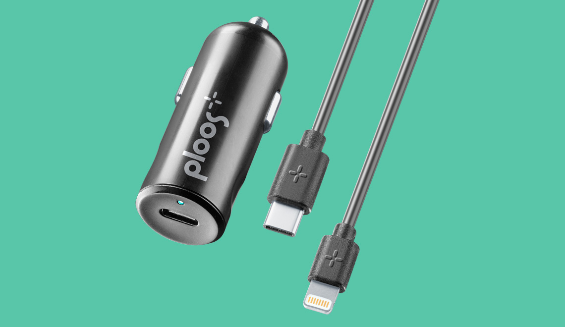 PLOOS - USB-C CAR KIT ADAPTER 25W - USB-C to Lightning Caricabatterie da auto USB-C 20W con cavo USB-C to Lightning